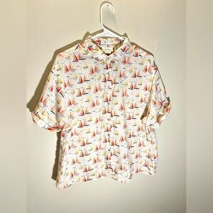 Cynthia Rowley 100% Linen Nautical Sail Boat Short Sleeve Button Down Top Large